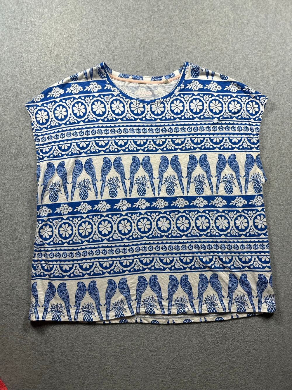 Boden Louisa Blouse Top Women's Size XL Blue White Parrot Pineapple Print Tee